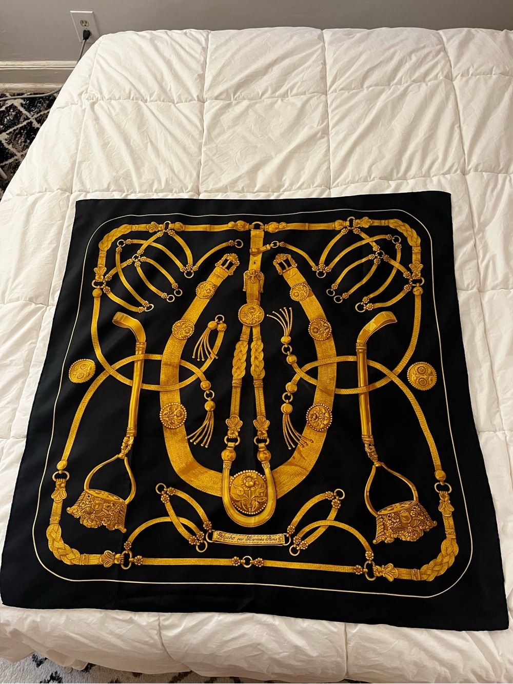 Hermes Black and Gold Scarf with Equestrian Detailing